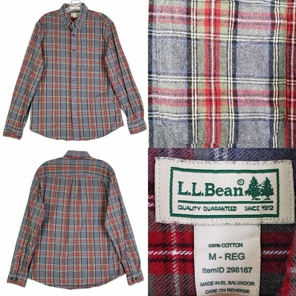 LL Bean Shirt Mens Size M Medium Gray Red Plaid Flannel LS Button Down LS - Picture 1 of 8